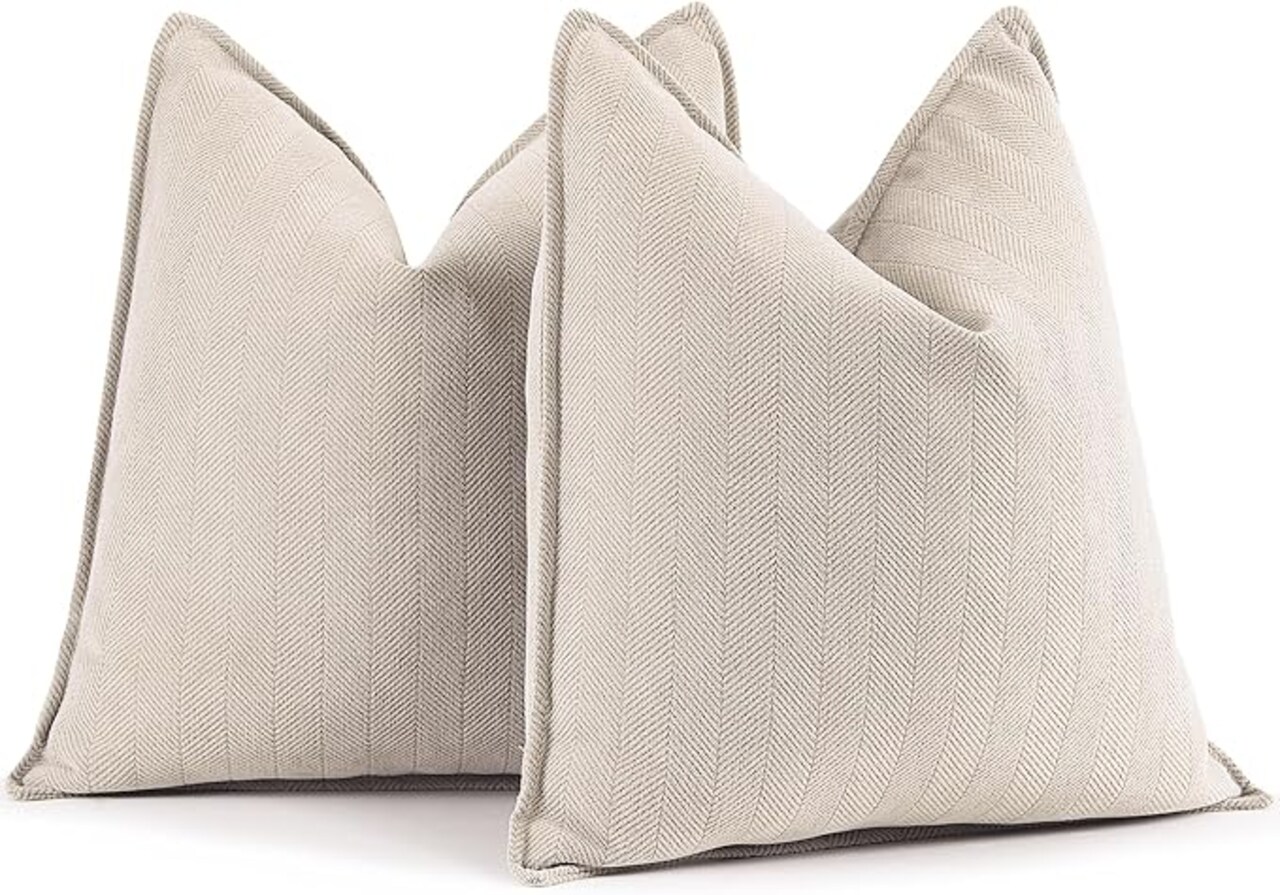 Beige Pillow Covers 18x18 Set of 2 Chenille Throw Pillow Covers with Elegant Design Soft and Luxurious Decorative Throw Pillows for Couch, Bed, and Home Decor